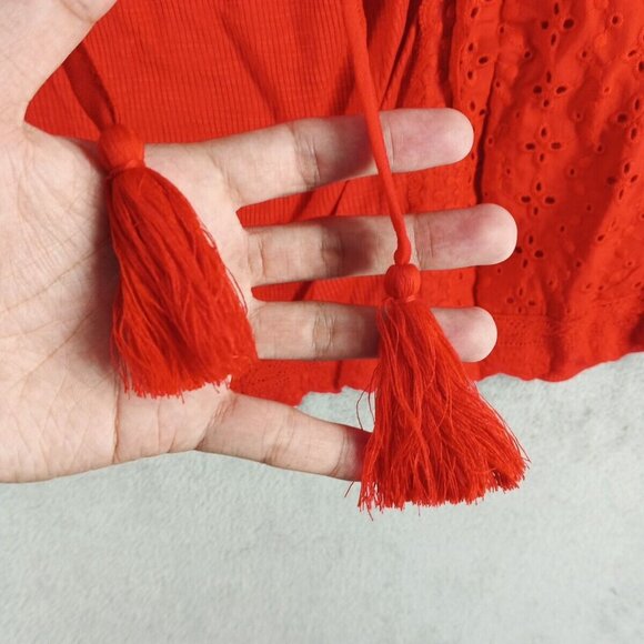 NWT Knox Rose Floral Eyelet Embroidered Top Tassel Tie Rib Knit Rebel Red - Picture 9 of 13